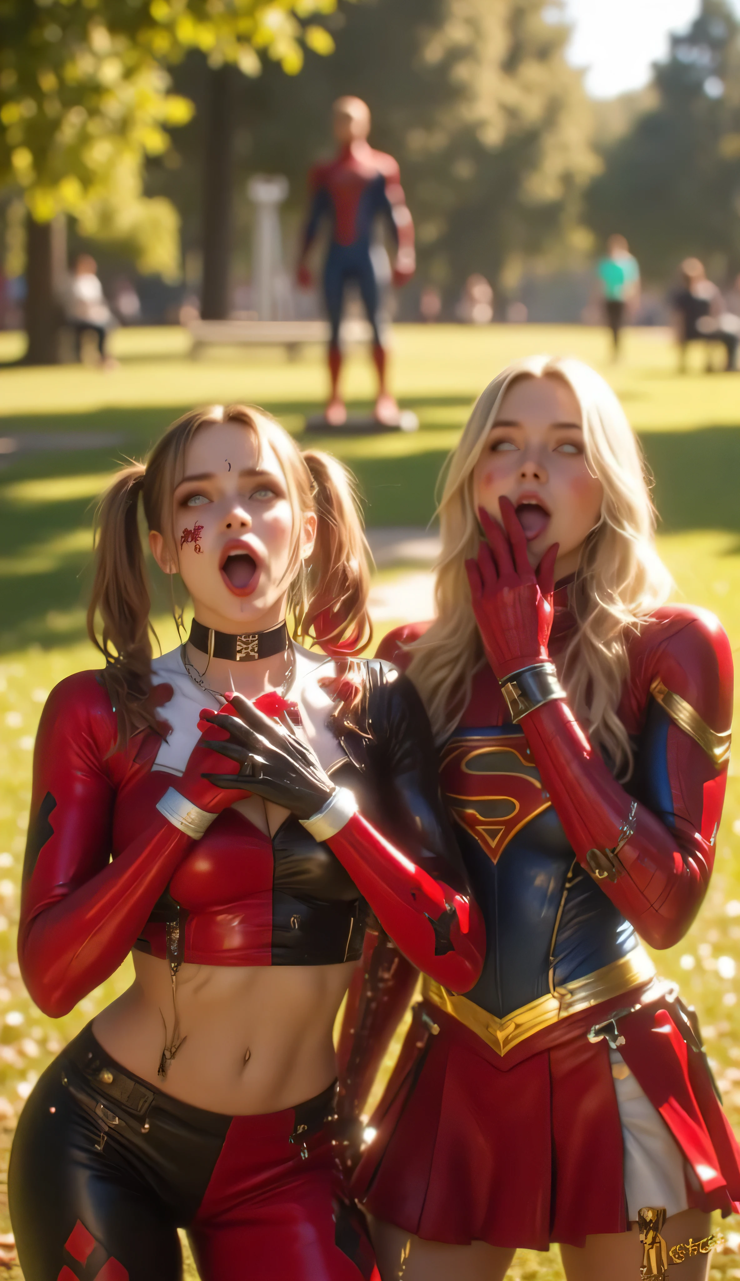 A hyper-realistic, ultra-detailed 8K cinematic image capturing a playful and expressive moment in a sunny, open park. In the foreground, Harley Quinn and Supergirl are standing side by side, both staring ahead with exaggerated surprise and admiration. Their eyes are wide, mouths slightly open in awe, clearly reacting to Spider-Man (off-frame) with dramatic expressions of being charmed. Harley Quinn, in her vibrant red-and-black outfit and playful pigtails, places her hands over her heart like she's swooning. Supergirl, wearing her modern red-and-blue suit with her golden hair catching the sunlight, covers her mouth with one hand and blushes. The background is softly blurred — a bright and peaceful park setting with trees, grass, and distant benches — keeping full cinematic focus on Harley and Supergirl's expressive faces. The mood is light-hearted, fun, and filled with comic book charm, highlighting a humorous moment of superheroes reacting to Spider-Man’s unexpected handsomeness.