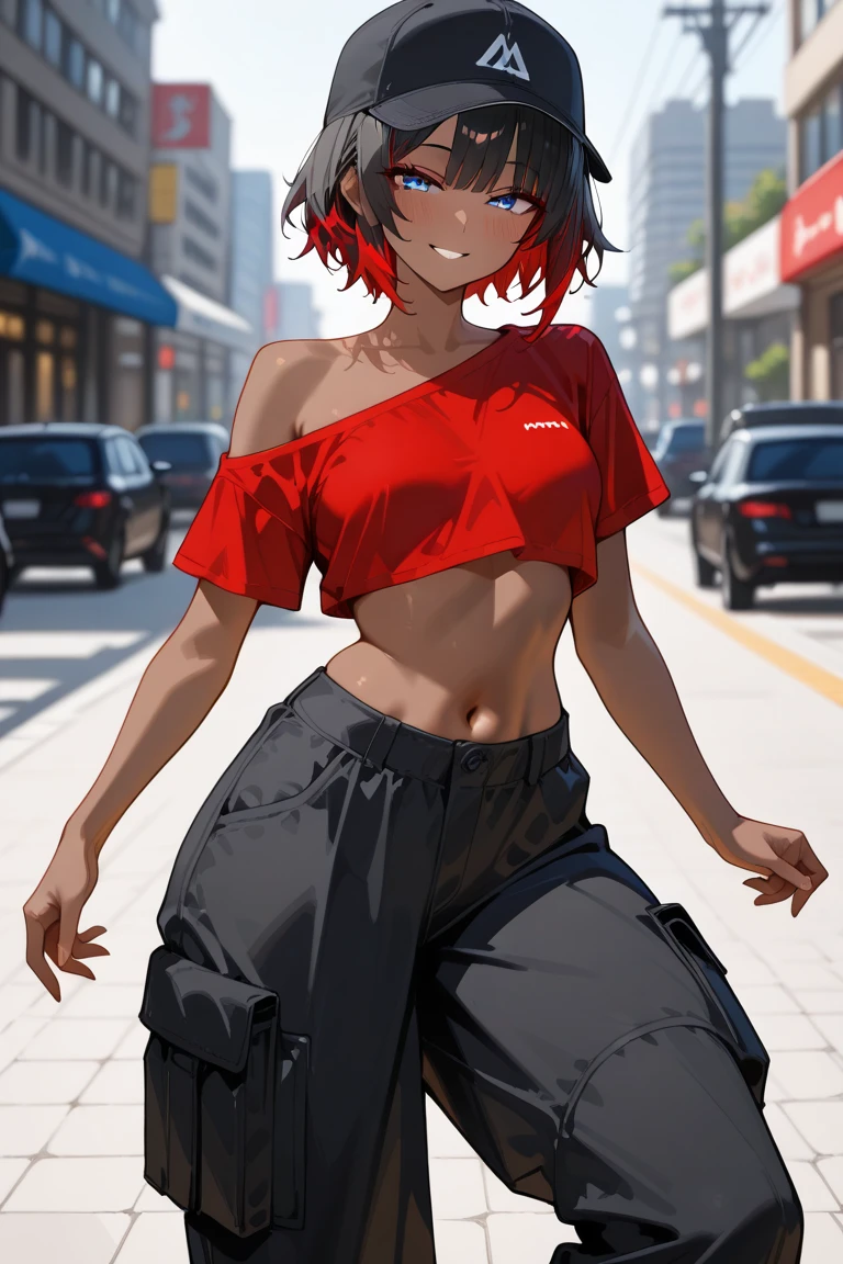 (tmasterpiece, beste-Qualit:1.2), Cowboy shot, 独奏, a 1girl, Ruby Rose, gaze at the viewer, Sporty top, Short sports shorts, the sweat, Erotica, wide thighs, blushful, the night, urban landscape, Street, sexypose, stands