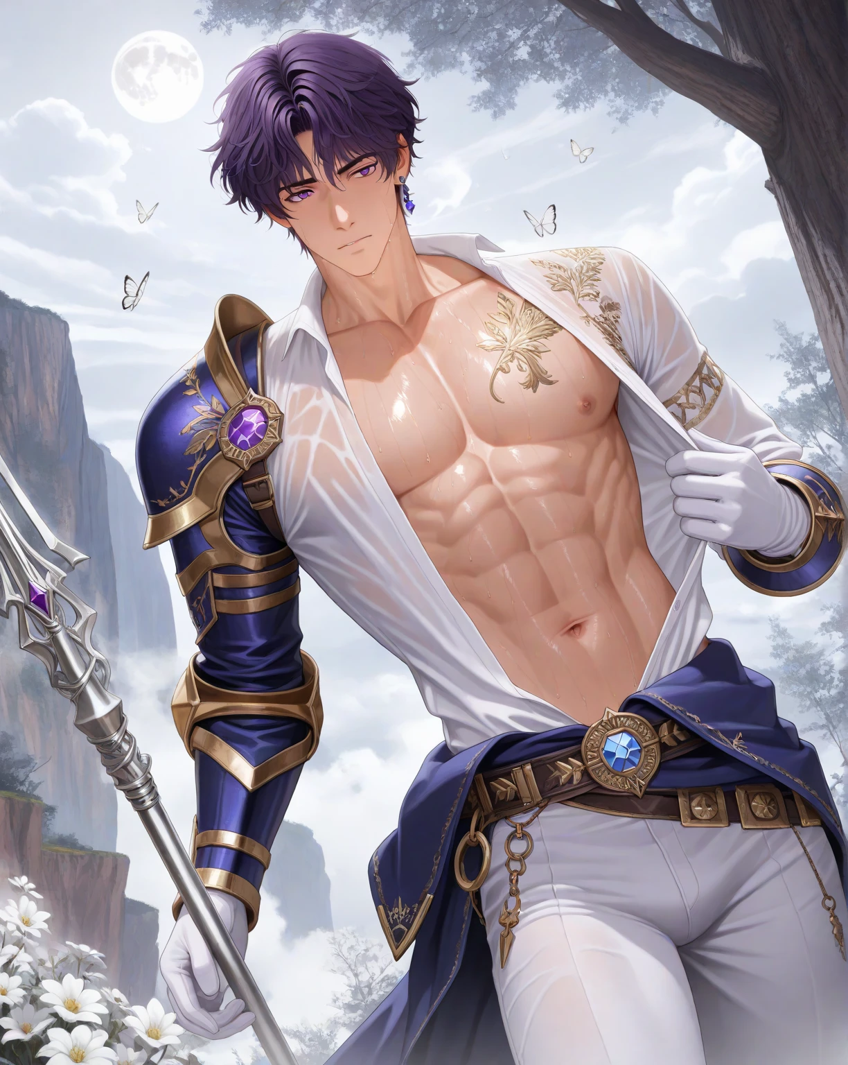 8K、Alafed Homens、Exterior branco e roxo,Golden decoration、Armamento de espada grande、Super lindo、Corte moicano roxo e branco、Olhos brilhando em roxo、Motor irreal、joseph joestar、trends on artstationh、Diobrand、fanart requintada altamente detalhada、8k 3D rendering character art、Artgerm altamente detalhado、Muscular male hero with a slender body、handsome guy in demon slayer art、gama murata e artgerm, de costas e olhando para tras