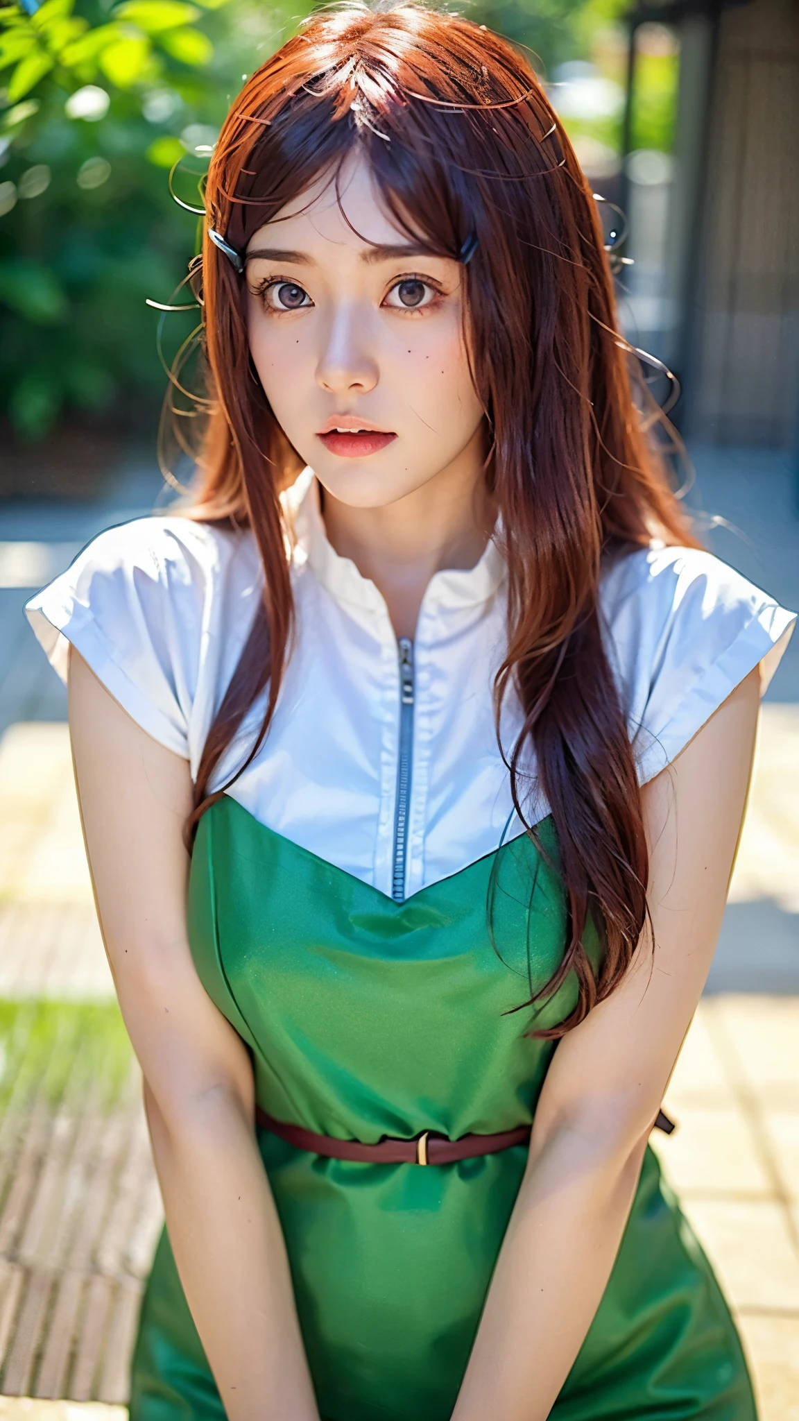 "Create a hyper-realistic portrait of Uzumaki Kushina from Naruto Shippuden as if she existed in the real world. She is a beautiful woman in her mid-20s with long, vibrant crimson red hair that flows smoothly past her waist, slightly wavy at the ends. Her eyes are a striking violet, expressive and warm, reflecting her strong will and maternal kindness. Her skin is fair and flawless, with soft, natural lighting emphasizing her facial structure. She wears a modern, subtly stylized version of her Konoha outfit—green apron-style dress over a white blouse, with textures appropriate for real-world fabric like cotton and linen. The background should be soft and warm, evoking a peaceful Konoha village atmosphere during golden hour. Her expression is gentle but strong, conveying both nurturing energy and fierce determination. Use cinematic-level detail, realistic skin textures, natural hair flow, and lifelike eyes. Style should balance realism with subtle anime essence, akin to high-end digital character photography."