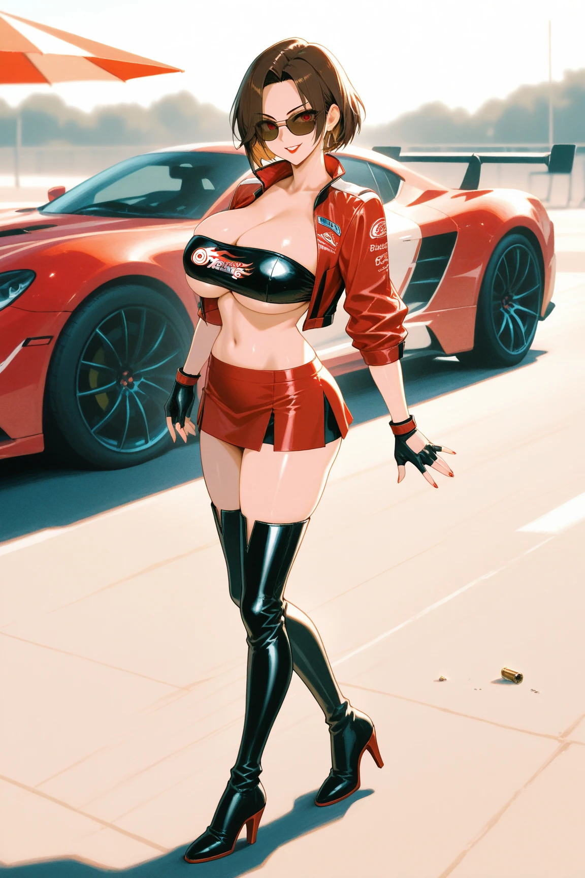 (anime:1.3), red hair, car mechanic, messy, (covered in black motor oil:1.1), perfect breasts, (white vinyl suit:1.1), vibrant colors, dynamic lighting