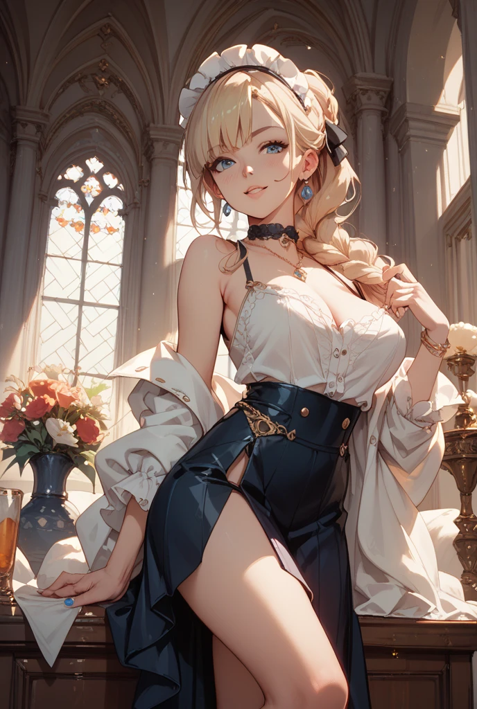 (masterpiece, Highest quality), (Ultra-high resolution, 8k RAW photos, Photorealistic:1.5, Fabric Shading, Thin contours), Beautiful mature woman preparing a tea party in the garden, (Tea set, you can, Tea cup, Some cakes on a plate), Gothic Table, (伝統的なダークブラウンのMaid clothesを着用, Maid clothes:1.2, Long Flared Skirt, apron), tall and leggy, Long white hair, Wearing borderless grass, (Mature Woman:1.5, 28 years old, alone), ( Tight waist), (Long white hair, Hair on one eye, Updo, Side Lock, Asymmetrical Hair, Wavy Hair), (Bright Eyes, Fine grain, A face with attention to detail, perfect face shape, Bloodshot eyes), (A seductive smile, Half-close your eyes), (Looking at the audience:1.3), (Dynamic Angle, Thigh focus, From side to bottom:1.2), ((Correct Anatomy:1.5, The right move)), (Ideal body proportions), Outdoor, Glass Garden, ((Garter Stockings))(())