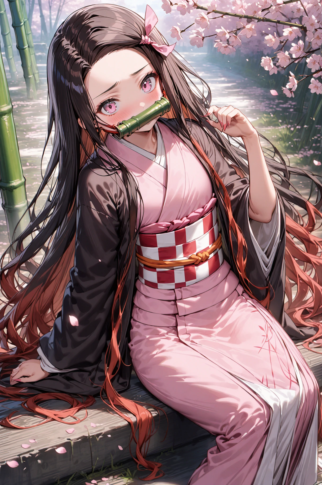 (((Masterpiece)). Kamado Nezuko, bit gag in place, looking shy with her bashful expression, bites her lower lip as she peeks at the viewer. Her long, black hair is tied up in two pigtails with pink ribbons. A 5-year-old chibi character with a cute, two-toned orange and black hair, resembling her older sister. Nezuko, the timid demon slayer, sits on tatami mats adorned with beautiful cherry blossoms and a carefully placed bonsai tree. The high-quality painting boasts a vivid depiction of Nezuko's shy face, revealing