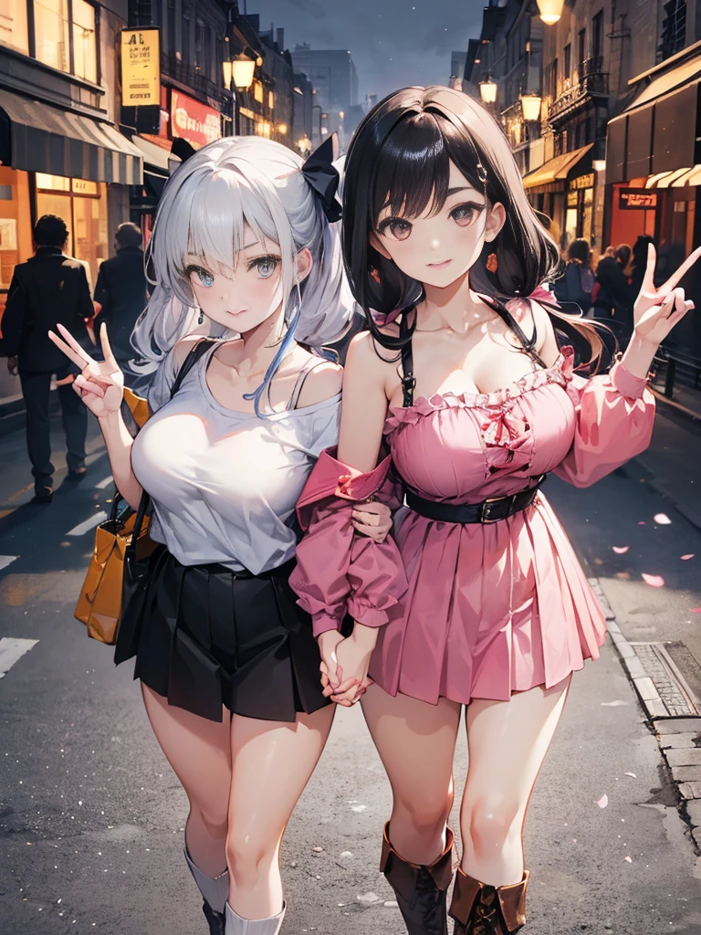 highest quality、High resolution、detailed background、(realistic:1.2)、Beautiful and dense face、beautiful and smooth skin、skin texture、cute10代の美少女、(two women:1.5)、(huge breasts:1.4)、perfect body line、Well-defined body、emphasize cleavage、legs open、cute編込みツインテール、black and pink flower embroidery panties、No bra、On an amusement park date, She happily lifts up her skirt and reveals her panties.、 ((highly exposed))、(light pink virgin killer sweater:1.5)、white overknee socks、Accessories such as flower hairpins and ribbons、cute、blush、One thing no matter what'~ side、panty shot、camel toe