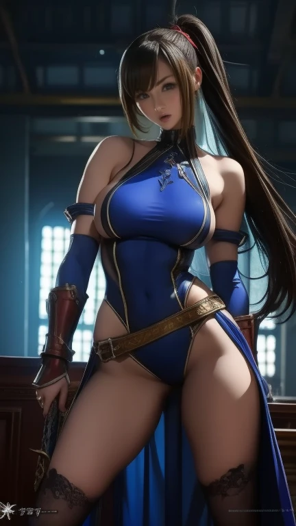 (masterpiece), best quality, expressive eyes, perfect face, highres, (ultra details), 1 girl, solo, kitana, braid, thighhighs, hair ornament, eyeshadow, breasts, mask, armor, shoulder armor, elbow gloves, sitting on the floor, Buddhist temple background, upper body, portrait, looking at the viewer,