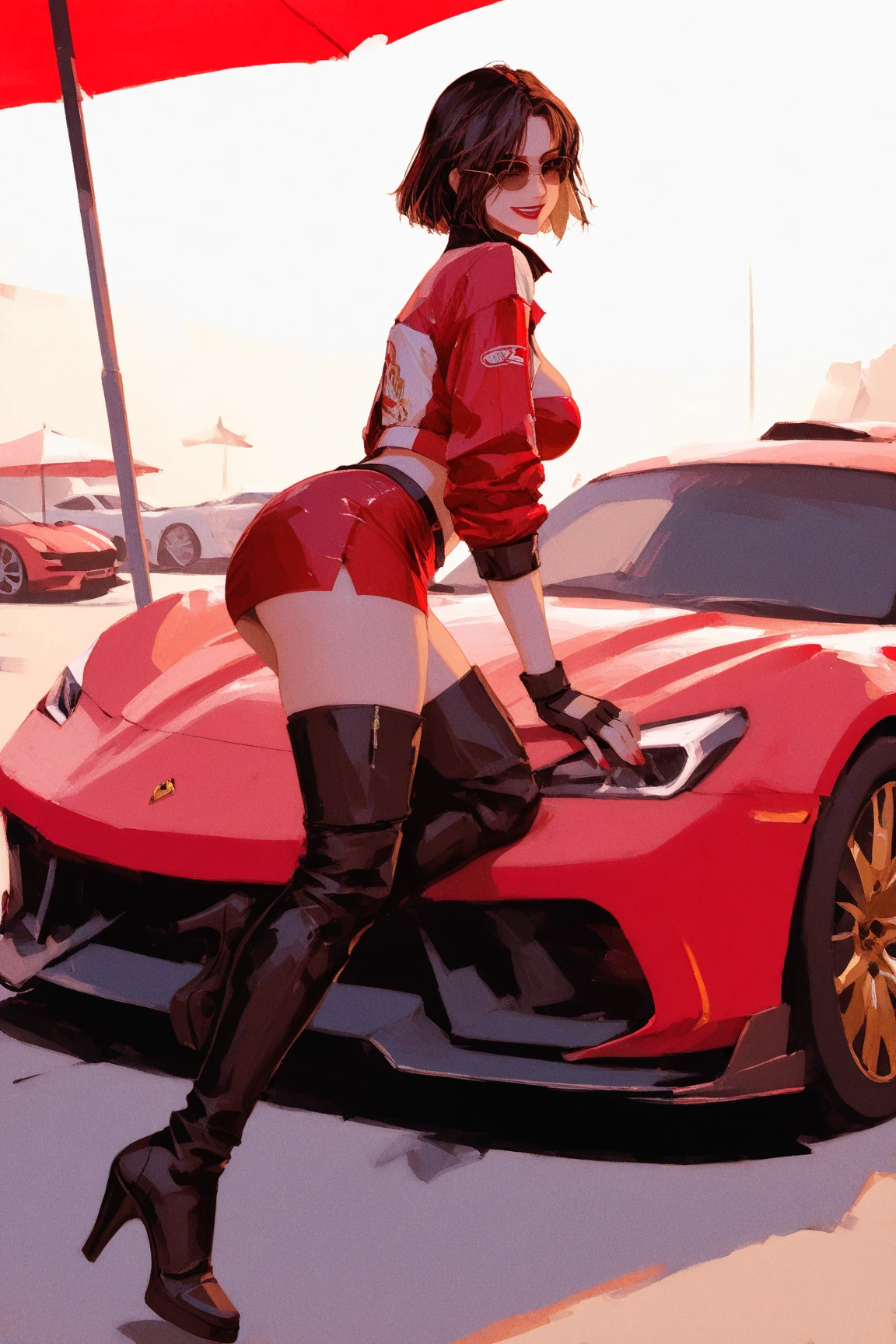 chica sexy apoyada sobre el capot de un auto superdeportivo. vista de atras de la chica