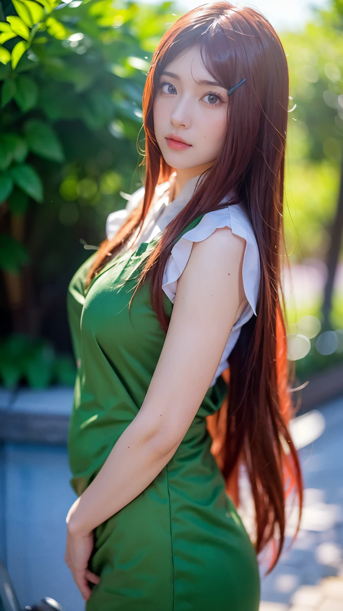 "Create a hyper-realistic portrait of Uzumaki Kushina from Naruto Shippuden as if she existed in the real world. She is a beautiful woman in her mid-20s with long, vibrant crimson red hair that flows smoothly past her waist, slightly wavy at the ends. Her eyes are a striking violet, expressive and warm, reflecting her strong will and maternal kindness. Her skin is fair and flawless, with soft, natural lighting emphasizing her facial structure. She wears a modern, subtly stylized version of her Konoha outfit—green apron-style dress over a white blouse, with textures appropriate for real-world fabric like cotton and linen. The background should be soft and warm, evoking a peaceful Konoha village atmosphere during golden hour. Her expression is gentle but strong, conveying both nurturing energy and fierce determination. Use cinematic-level detail, realistic skin textures, natural hair flow, and lifelike eyes. Style should balance realism with subtle anime essence, akin to high-end digital character photography."