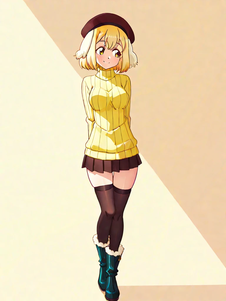 closeup, portrait, a girl, blonde, big breasts, haruka_senran, blonde, hair bow, hair ribbon, BREAK, (green eyes:1.4), BREAK, (yellow sweater:1.4), BREAK, (purple skirt:1.4), BREAK, (black pantyhose:1.4), BREAK, (pink footwear:1.4)
<lora:harukasenran:0.7>
<lora:add_detail:0.7>
<lyco:GoodHands-beta2:0.7>