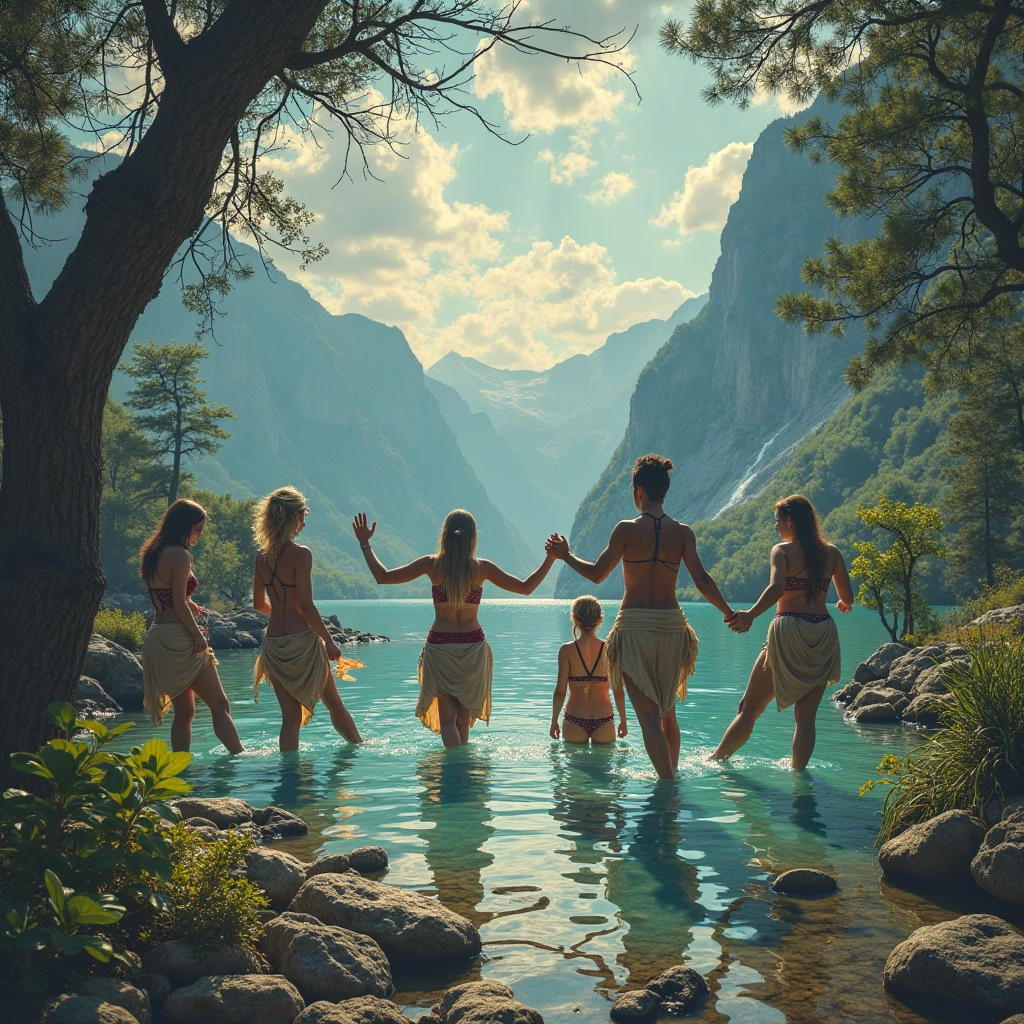 on lake with many lotus, 4 greek woman are swimming, lie on water, half body, water, lotus, lotus litter flower, plan, tree far away, dramatic sky, dramatic cloud, on a dust field, naked, female greek,female greek god, white hair, hairy torso, fantasy, intricate, elegant, highly detailed, digital painting, artstation, concept art, smooth, sharp focus, illustration, naked