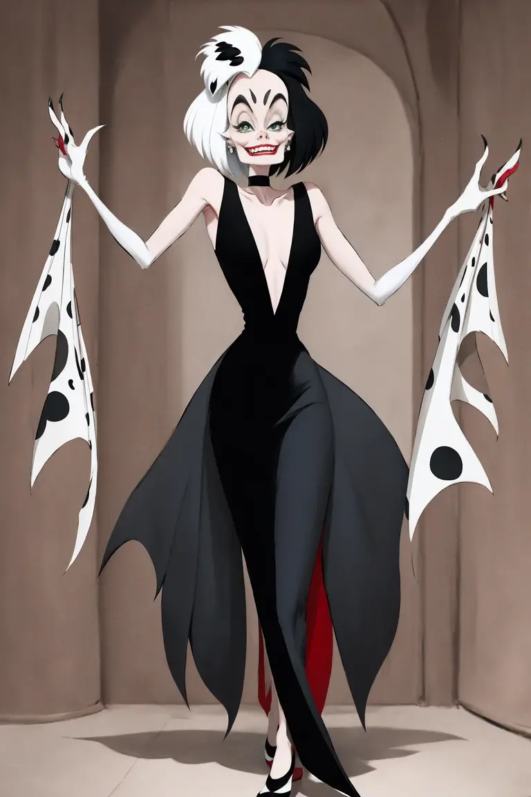 Generate a photo of Cruella Devil from 101 Dalmatians, dinamic poses