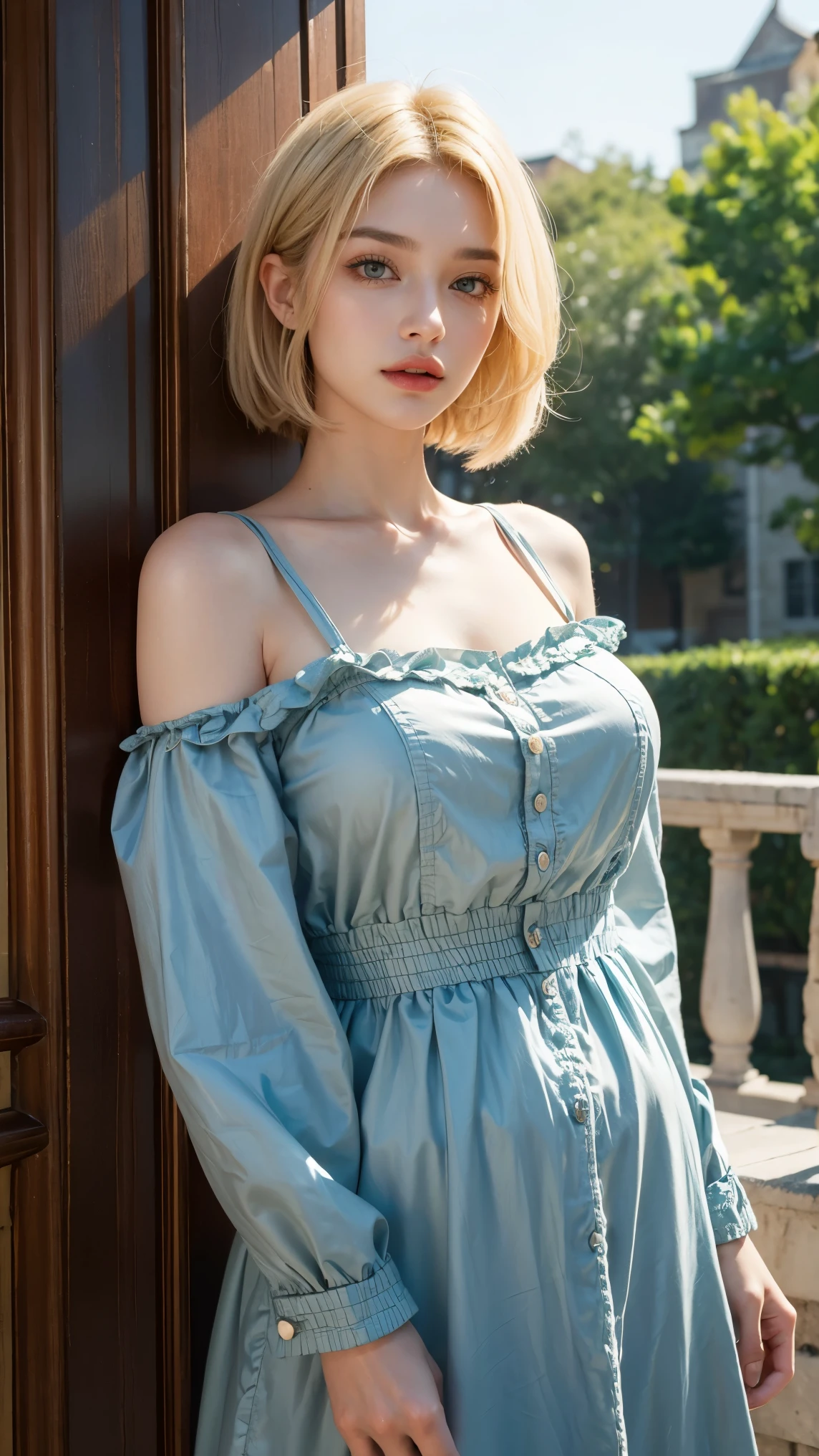 (masterpiece), (portrait), (aesthetic), (beautiful), (upper blody), (high quality), (aesthetic clothings), (professional angle), (rule of thirds), (Feminine), (woman), (female), (beautiful),(feminine features), (21 years), solo, 1 woman, (attractive French), Summer, (Floating Soap Bubbles), (Morning), (Bright light), ((Blowing Bubbles)), (Extending Arm Hands), ((Looking Upwards Face)), ((Playful)), (Soft and Subtle Make-up), (Petite Bust), (Straw Hat), ((Short Hair)), (Blonde Hair), (Curly Hair), (Messy Updo hair), (Flower Crown in Hair), (Closed Eyes), (Blue Eyes), (Chic Look), Medium skin, (Ruffled Sleeves Clothing), (Sundress), (Cardigan), (Denim Shorts ), (Off-shoulder Neckline), ((Urban Street background)), (Full Shot Shot), beautiful hands, two hands, normal hands, two arms, complete hands, beautiful body, beautiful fingers, normal fingers, five fingers, five fingers, (Thumb index meddle ring little fingers), beautiful ears, normal ears, beautiful eyes, shiny eyes, beautiful mouth, beautiful lips,