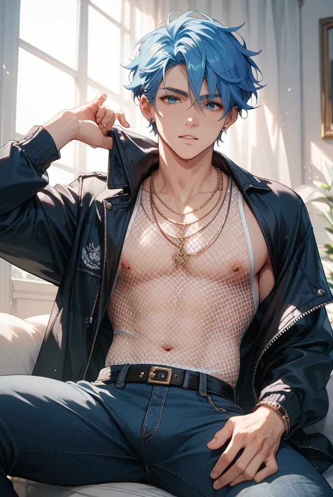 Menino de 14 anos, magro, cabelo azul, Heterocromia, olhos amarelo,Gothic style, use Piercings, menacing expression, roupas pretas