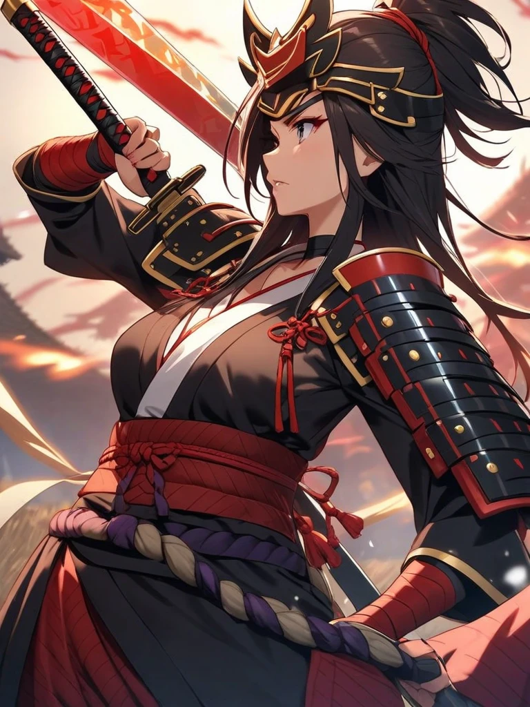 (Japanese women)、(Warrior Princess)、(Goddess of War)、(Black Hair)、(ponytail)、(Old Japanese Armor)、((Holding the Japan sword))、(True to prompts)、(Deluxe)、(Glaring with sharp eyes)、(Super big breasts),(battlefield)、(grassland)、((A large number of soldiers))、(sunny)、(blue sky)、(Best lighting)、{{{Browsing Caution}}}、{{{masterpiece}}}, {{{Highest quality}}}, {{ultra-detailed}}, {{shape}}, {{{Very delicate and beautiful}}},{{extremely detailed CG}}、{{unity 8k portrait}}、{{Fabric Shading}}、{{super detailed skin}}、{{Perfect Anatomy}}、{{detailed}}、{{Dynamic Lighting}}、{{{beautiful detailed eyes}}}、{{{beautiful detailed Face}}}、(Perfect Legs)、(Perfect breasts)、(Perfect pose)、(Perfect body)