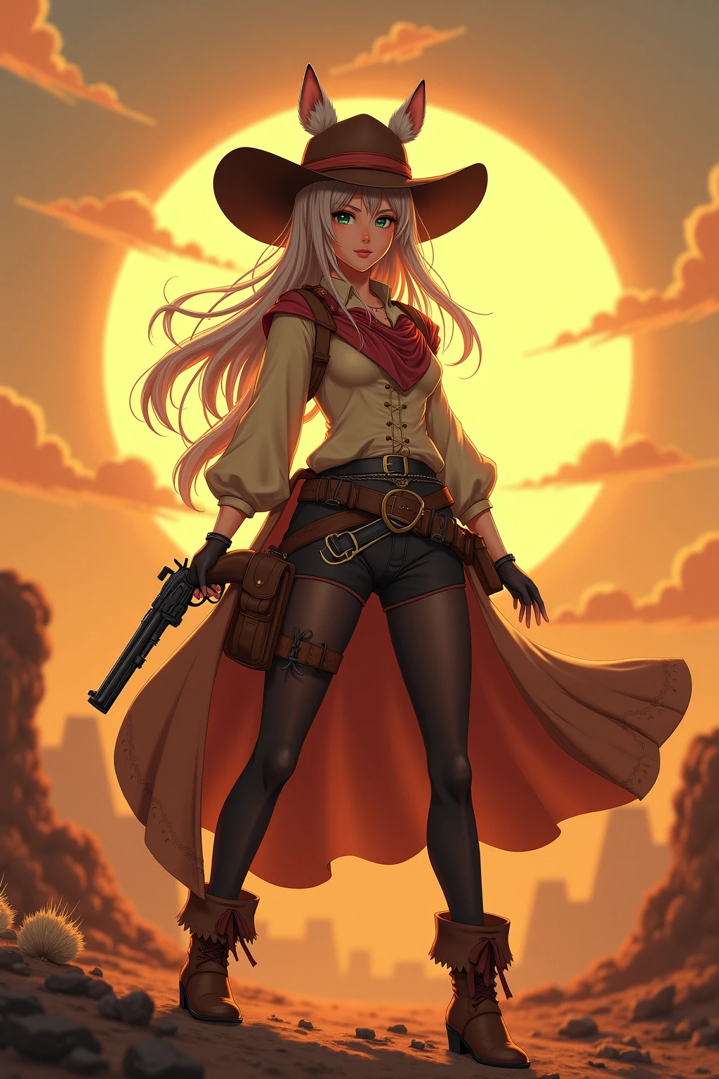 a picture of a female vampire cowboy in the desert night, a goth beauty, exquisite beautiful female vampire, ((anatomically correct: 1.5), (ultra detailed face: 1.2), best detailed face, red glowing eyes, full body, busty, wearing white bottom shirt, short skirt, dynamic color, wearing (Gambler Crease  hat: 1.2), wearing high heeled boots, it is night time in the desert, moon light. moon rays, west America desert canyon background, Hyperrealism style, vibrant, Ultra-high resolution, High Contrast, (masterpiece:1.5), highest quality, Best aesthetics), best details, best quality, highres, ultra wide angle, 16k, [ultra detailed], masterpiece, best quality, (extremely detailed) RAW, chumbasket art style, rpg portrait photograph