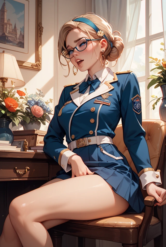 (best quality, 4K, high resolution, masterpiece:1.2), (very detailed, realistic:1.37), (Full-body portrait), 23 years old, American Girl, military officer, ambitious, Wow, careful, attractive, threaten, (brown hair), Perfect eyelashes, Minimal makeup, sun tan skin, expressive brown eyes, gloss lip, fascinating charm, perfect hourglass body, Toned down long legs, flat abs, Round E cup breasts, very tall, slim, With peach colored buttocks, ((Midnight blue double-breasted jacket with gold anchor embossed buttons and red piping.)), (A crisp white blouse with a high, stiff collar.), ((Midnight blue pencil skirt with a simple back slit)), black leather belt , (shiny black heel oxford shoes), (Midnight blue service cap with gold navy insignia and white trim.), Black leather gloves with built-in data connectivity, Navy silk neck scarf, Background featuring a military base.