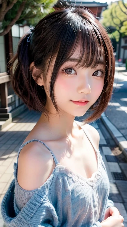 1girl, 14 years old, Famous idol, 1cute girl, very young face, detailed face, cute face, master piece , best quality , woman , bowler hat , bangs , smile , outdoor, Shiny platinum blonde silky super short hair, side locks, beautiful shiny bangs, big clear sky blue eyes, very beautiful light eye highlights, earrings, ((full nude1.8)),