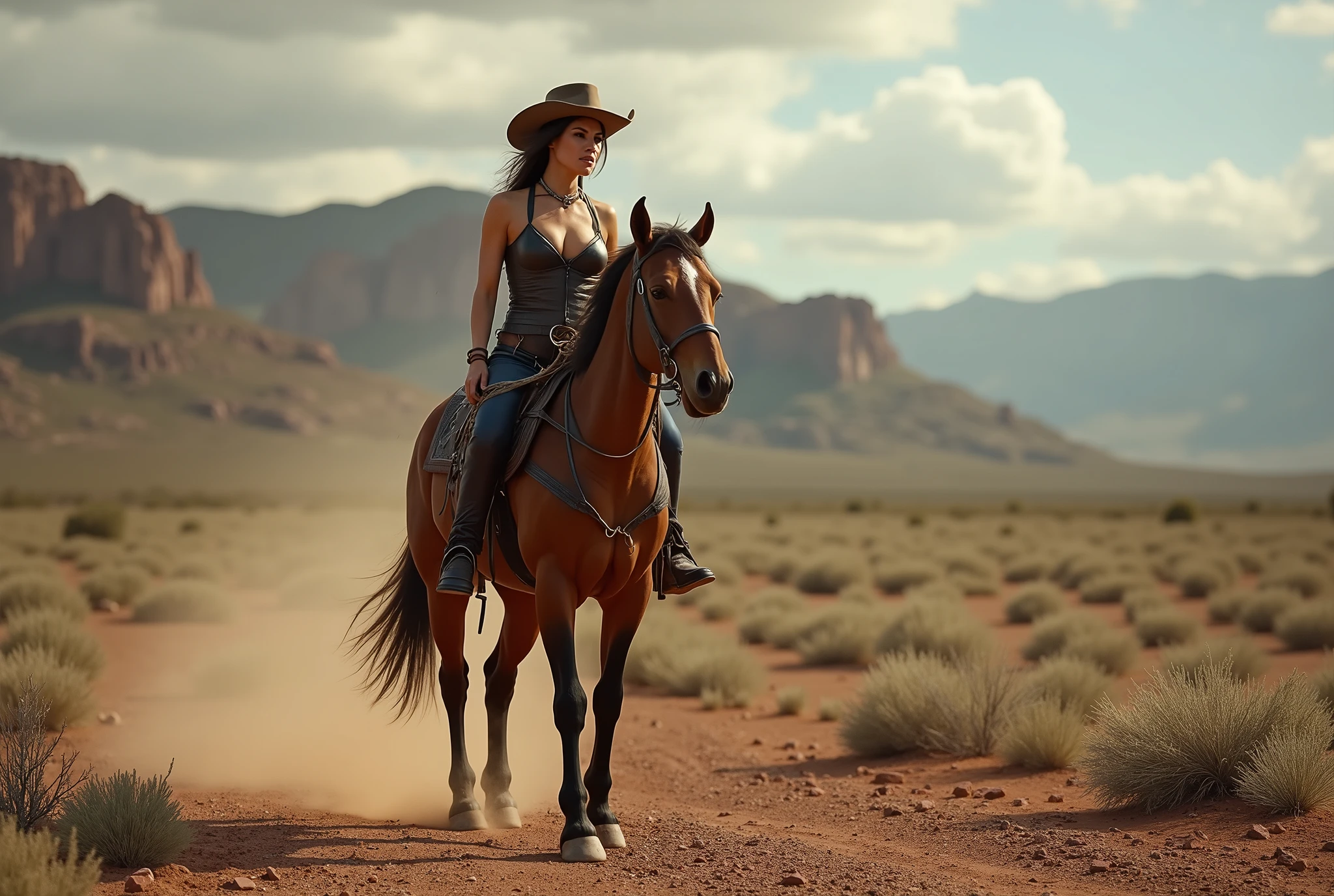A sexy sumissive centauride with human female upper body, human head and equine lower body in the wild west landscape, mystic western movie feel, photographydetailed cowboy riding a centauride, cowboy wearing rugged hat, serious expression, riding on dirt path, vast desert landscape, dramatic sky, rugged mountains in background, mystic western atmosphere, cinematic lighting, high-quality photography, 8K, ultra-detailed, photorealistic, HDR, vivid colors, warm color palette BREAK dominatrix woman in black leather dessous rides on the back of the centauride.