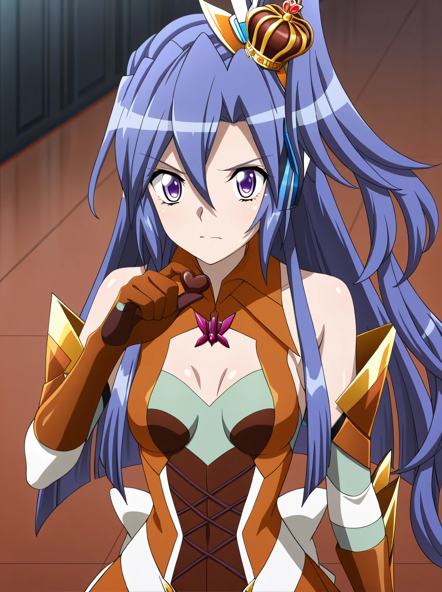 best quality, masterpiece, highres, solo, {kazanari_tsubasa_senkizesshousymphogear:1.15}, blue_hair, long_hair, one_side_up, purple_eyes, hair_between_eyes, 1girl, bare_shoulders, jewelry, necklace, pendant, looking_at_viewer, open_mouth, dress