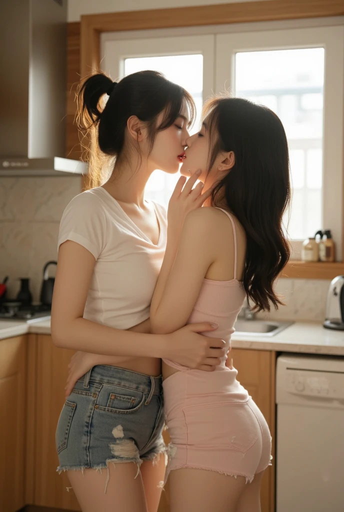 ((Best quality, 8k, masterpiece: 1.3)), Beautiful girl, slender figure: 1.1, toned abs, confusing, dark brown hair, very detailed face, lip details, detailed eyes, eyes closed, (Two women having fun by the bedside), Obscenity: 1,2, Pervert: 1,2, Lesbian: 1,2, Grabbing each other's buttocks, (Kissing), Blushing, ((Sweaty T-shirt) shirt)), ((shorts)), anatomically correct