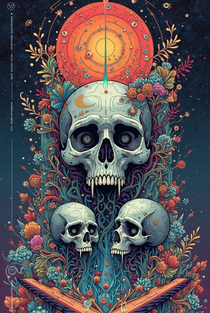 Skull facing upwards towards the stars in profile view in Art Nouveau style, Inspired by the fluid lines and organic shapes typical of Alphonse Mucha. Two lit candles emerge from the sockets of the skull , Intricate details of flowers and vines adorn the skull, integrating natural elements such as leaves and flowers into an elegant and detailed pattern.