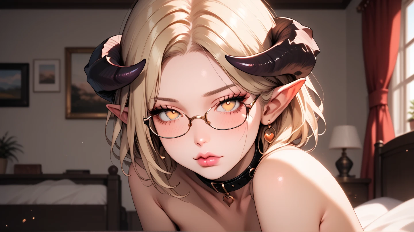 a demon girl succubus floating above the a crowd of fans, is singing into a microphone, she wears no clothing leaving her nude, her glowing green eyes shine through her reading glasses, she wears a large pair of headphones, she has soft puffy nipples