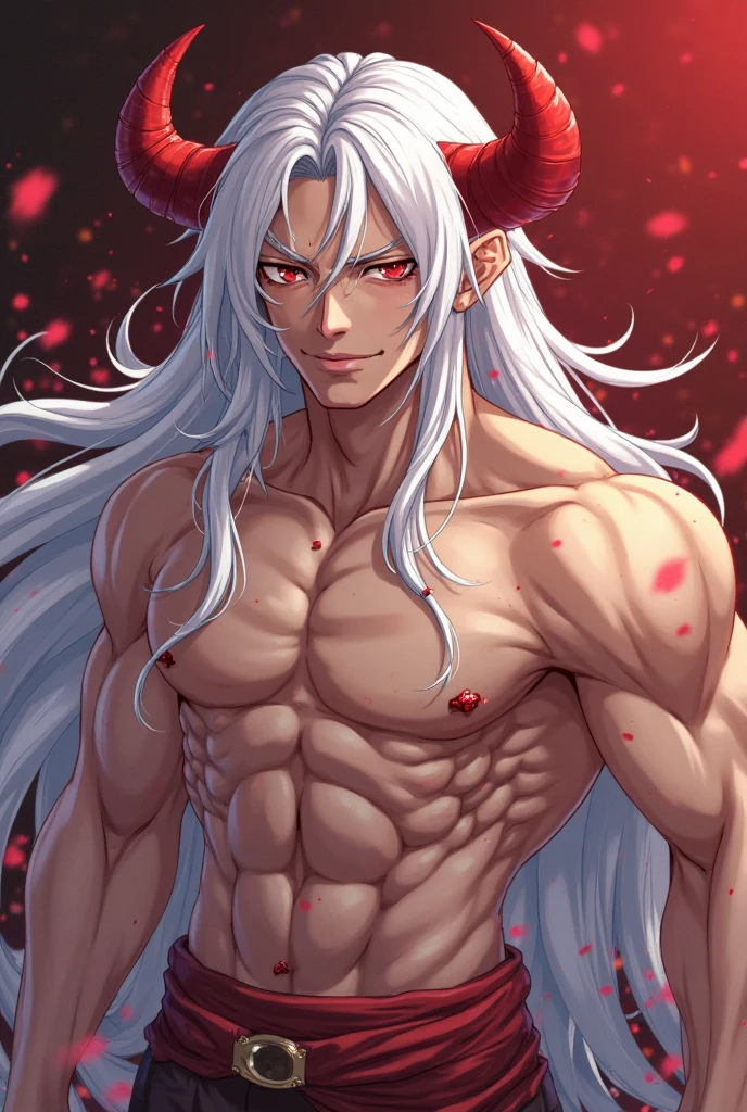 sexy demon boy with horns and pointy ears flexing his sweaty body, shirtless, smirking, with hairy armpits