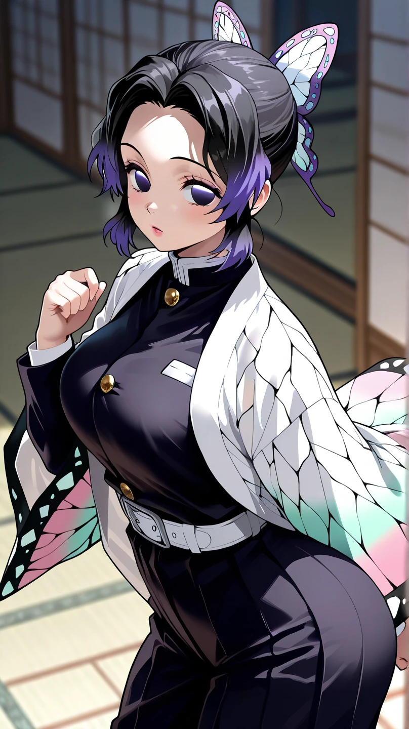 score_9, score_8_superior, score_7_superior, sauce_anime,
胡butterflyしのぶ, Shinobu Kochou, Animal print, Black Hair, butterfly, butterfly hair ornaments, butterfly print, amount, Gradient Hair, hair ornaments, Haori, Multicolored Hair, Parted bangs, Purple Hair, short hair, Two-tone hair, (full body), Black Rope, (Body tied up with rope),Hands behind back, breasts exposed, Big Breasts, Scared, one eye closed, furrowed brow, clenched teeth, breast focus,