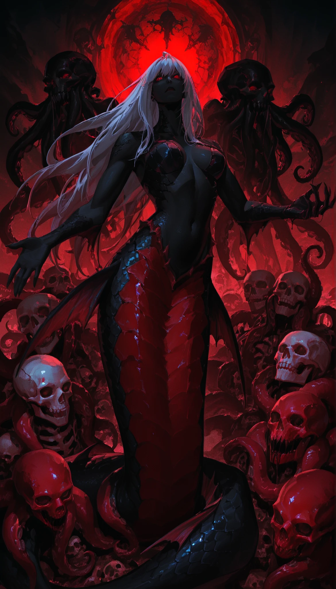 a mermaid with very long white hair, black fishtail, jet-black skin, webbed+clawed hand, under dark blood sea, octopus, dark red tentacles. detailed eyes, detailed scales, skulls, dark vibe, horror atmosphia.