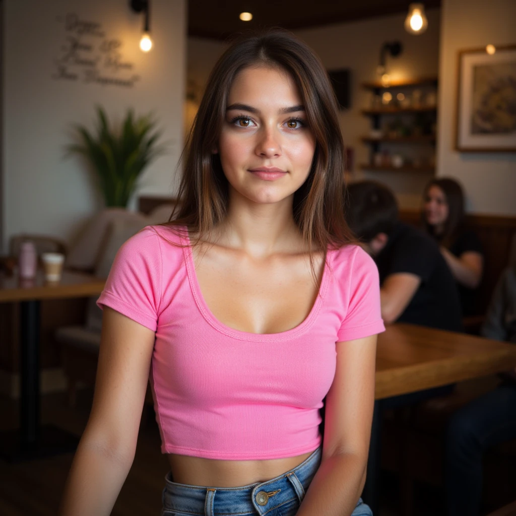 (best quality,highres,ultra-detailed),realistic portrait,beautiful detailed eyes,beautiful detailed lips,white skin,long brown hair,in a cozy cafe,sitting at a table,aesthetic body,wearing a stylish croptop shirt,enjoying a cup of coffee,soft natural lighting,subtle smile,in a relaxed posture,subtle makeup,vivid colors surrounding her,delicate facial features,vibrant and inviting atmosphere.