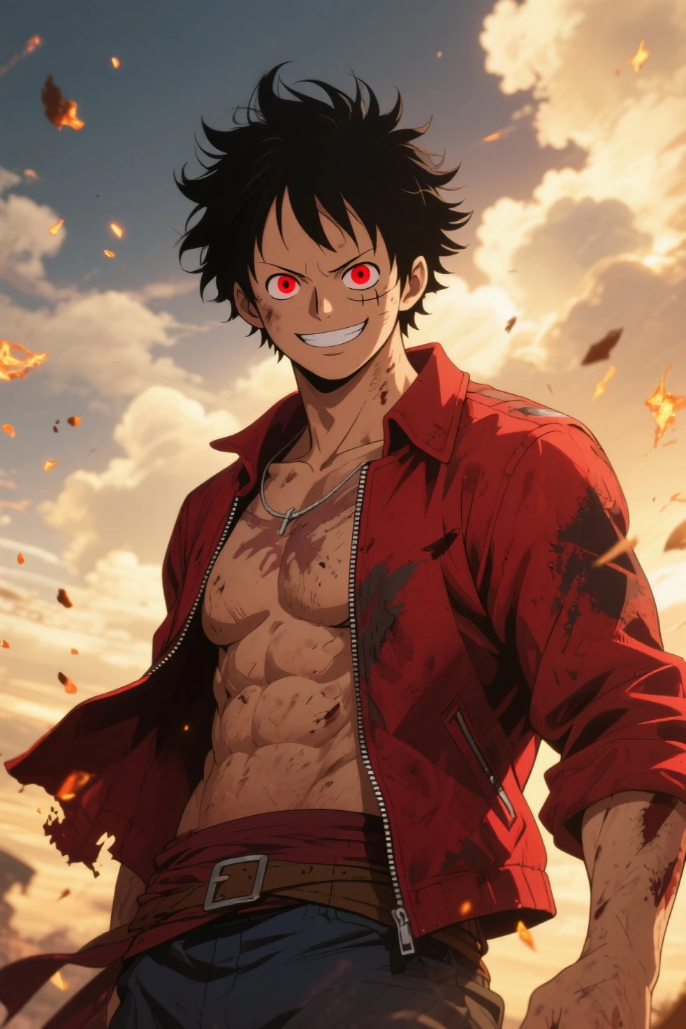One Piece Luffy,cabelos preto e longos,wears a black suit,Fierce face,Hold a double knife,A black knife,A bloody blade,There is a huge black figure behind his back,The black shadow has long wings,Has scarlet pupils,