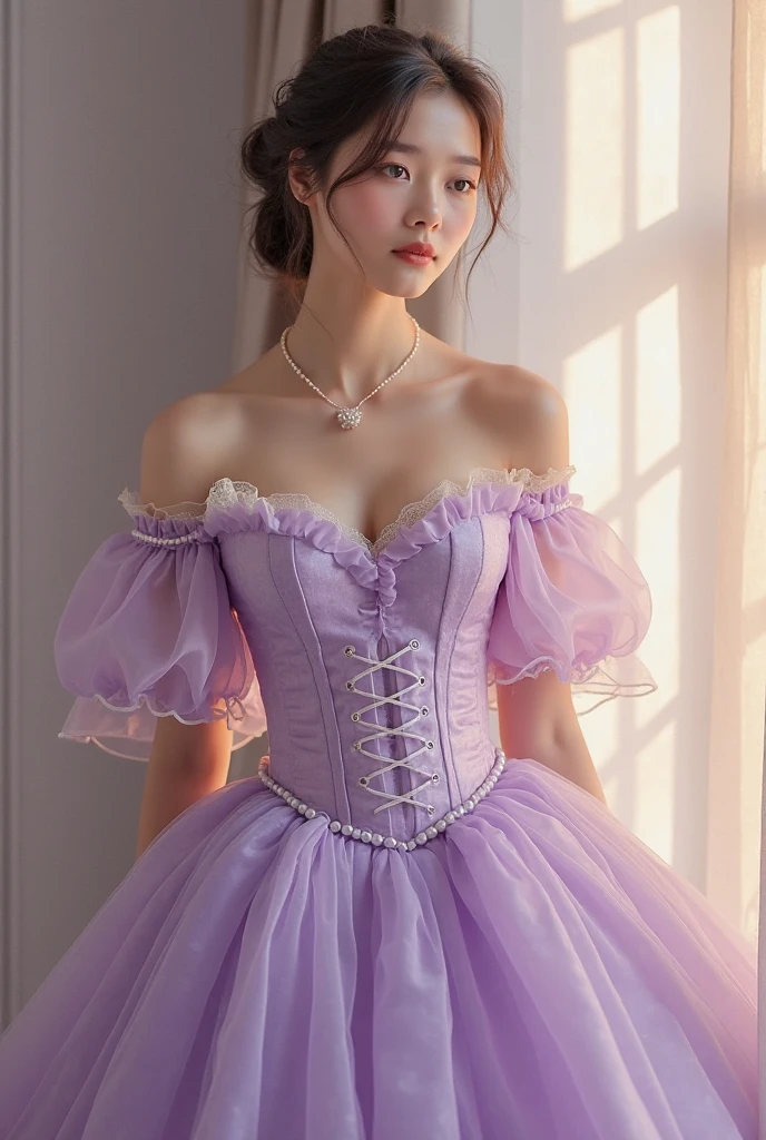 lilac dress, Fifteen years old, with flowers on the skirt and transparent corset with sleeves on the shoulders 