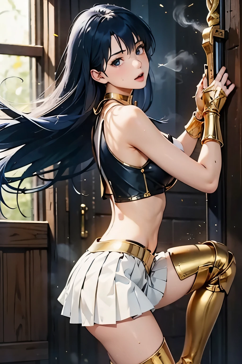 (((BDSM))), (((masterpiece))), score_9, score_8_up, score_7_up, score_6_up, ((comics, anime)), (3DCG), Asou Yuuko, highest quality, high resolution, 8K, ultra-realism, super detailed and realistic skin texture, perfect anatomy, cowboyshot, (from below), indoor, bsdm room, torture cellar, stone Walls, chains and bondage steelrings on the wall and the ceiling,
BREAK laying on the bed, ((girl is X shape crucifixion)), Detained, On_the_Cross, crucifixion, Chain bondage, Arms outstretched, He is tied up with his arms spread wide,V legs, Torn Skirt,
BREAK 1 girl, 18 yo, (((Dirty Pair yuri))), Elegant mature woman, Fine skin, real looking skin, Height:158cm, body weight:42㎏, breasts:82cm, waist:58cm, hip:80cm, Ultra-fine facial texture, Realistic beautiful face, realistic beautiful eyes, very detailed eyes, beautiful fingers, Beautiful detailed eyes, BREAK ((flat chest)), ((slender body)), (((Thin thighs))), narrow waist, (((perky breasts))), Long legs, ((small head)), sex, vaginal, missionary, BREAK armor knight, (((bikini-type gold metal breastplate, lift))), intricate decoration, (((crop top))), (((strapless dress))), ((Cleavage)), (((choker))), BREAK (((((Thigh-length gold metal boots, pin heel))))), (((gold metal gauntlet))), ((gold metal shoulder guard)), Metallic Shine,
BREAK (((knee length skirt))), ((((white pleated skirt)))), gold metal belt,(((white panties))), ((long fantasylegend sword)),
BREAK ((beautiful dark blue hair)), (((Long hair))), ((straight hair)), (silky hair), ((asymmetrical bangs)), ((hair between eyes)), ((46 points oblique bangs)), ((beautiful dark navy eyes)), natural makeup,
BREAK hold long Fantasy Sword
BREAK wet clothhes, see through, one breast out,
BREAK ((((arched back)))), squirming body, (stretching arms), (((leaning forward))), ((trembling)),
BREAK (The girl is resisting desperately), ((blush)), ((open mouth)), ((sleepy expression)), close eyes, (saliva stains), ((sweating face)), ((steam)), cum on body, serious, scowl, rol