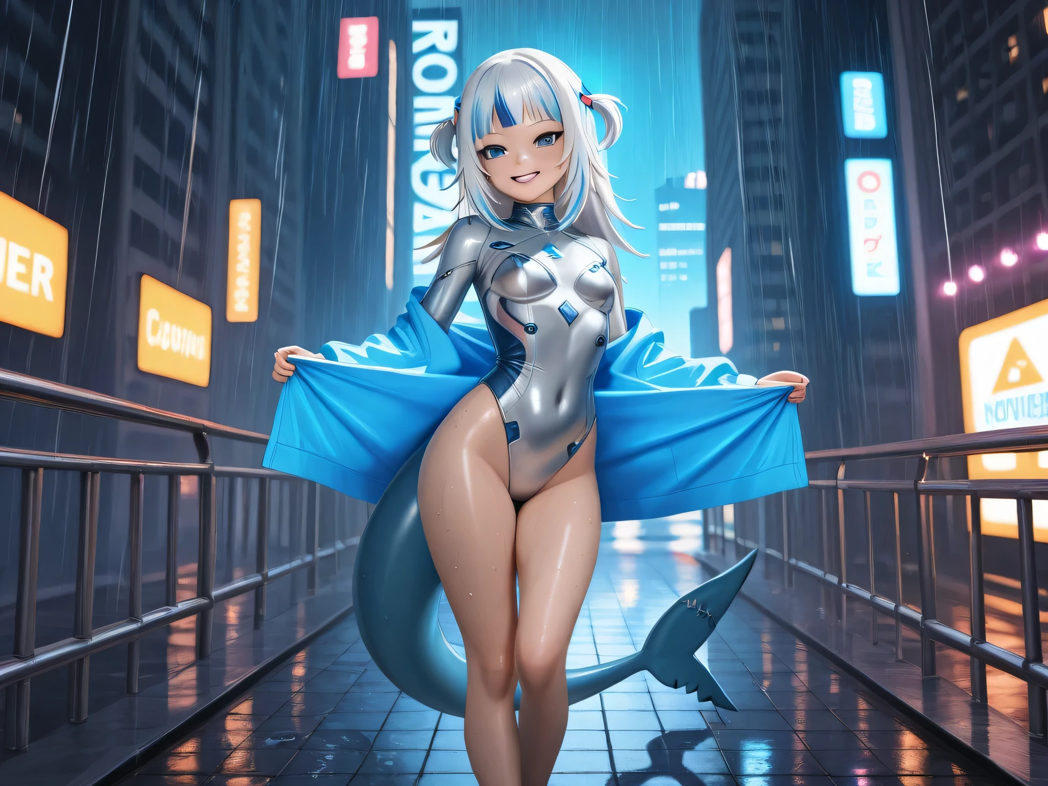 Gawr Gura, hololive, vtuber, futuristic anime style, ultra detailed, tight silver and neon blue cybersuit, large , curvaceous figure, smooth thighs, shiny skin, glowing shark emblem on chest, stylized blue shark tail with neon effects, long silver-blue hair tied in two high pigtails, radiant blue eyes with cyber highlights, flirty smile, provocative pose leaning on a neon railing, flashing a bit of her underwear, Tokyo skyline at night, glowing billboards, rain-soaked rooftop, wet pavement with reflections, flying cars in the background, holograms, lights and floating particles, high-tech aura, dramatic perspective, cinematic look, studio lighting, no glitches, 8k rendering, ultra sharp, realistic shading, photorealistic quality