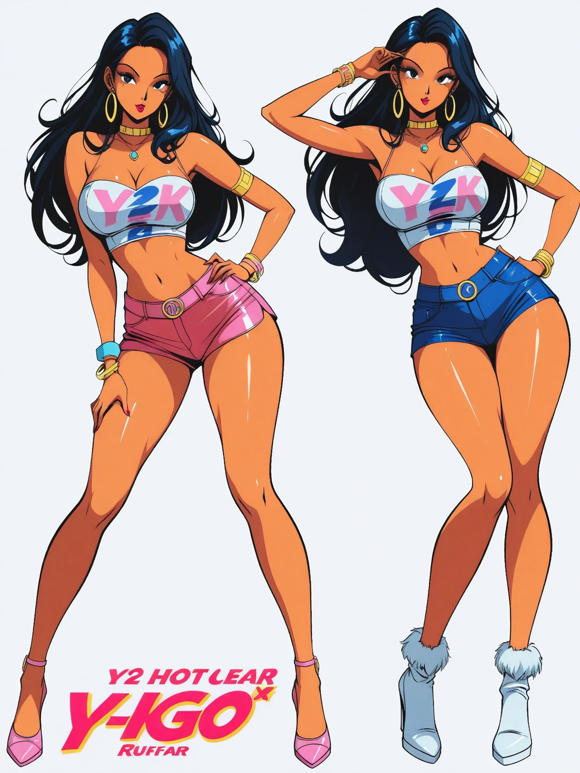 A cute woman (Kelly Hu (age 25), pink micro shorts (belly button exposed, labia well defined), micro pink 'Hello Kitty' tank top (under boob), pink bows in hair) has come over to babysit, book bag, cell phone, living room, bored look chewing bubble gum
