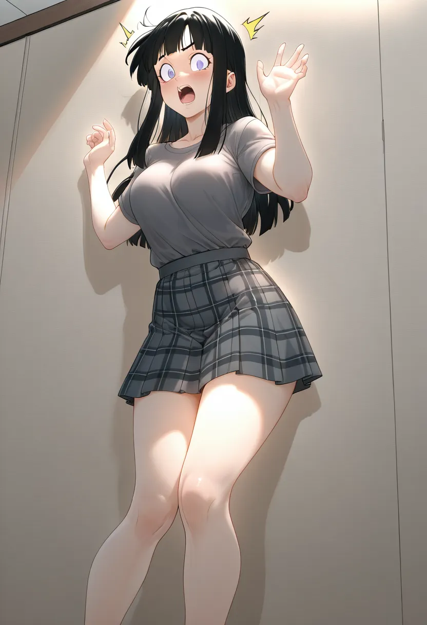 Nipples, Visible through the white shirt (((masterpiece, Highest quality)), No pants, 1 Girl, (Voyeur: 1.4), alone, White Background, Black Hair, Long Hair, Absolute area, skirt, ((whole body)),  