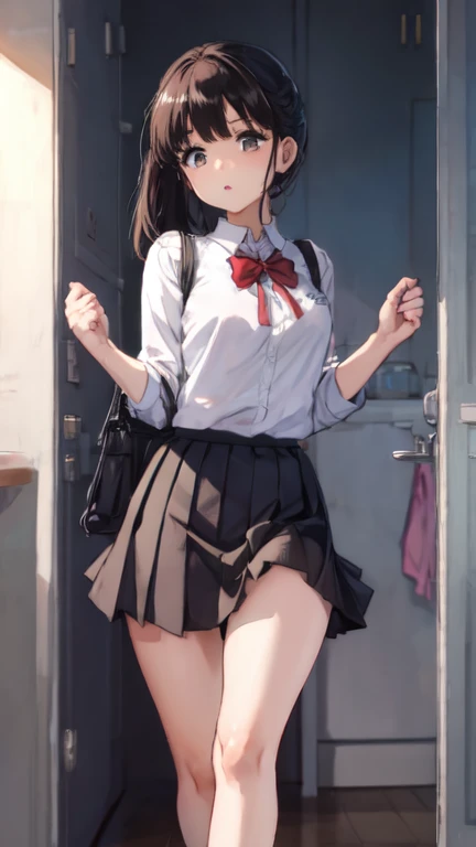 (((((Dildo on the floor:1.5, standing, spread legs:1.5, Point your knees outwards:1.5 ) behind head,spread legs, Push your hips forward,pussy juice , Voluptuous body, Slut、No pants, (Dildo on the floor, standing, spread,arms behind head, Point your knees outwards:1.5, Sweat,)))), Realistic composition, Doujinshi scene,, Big Thighs, Pleated skirt, White Shirt, Angry face, blush, from below