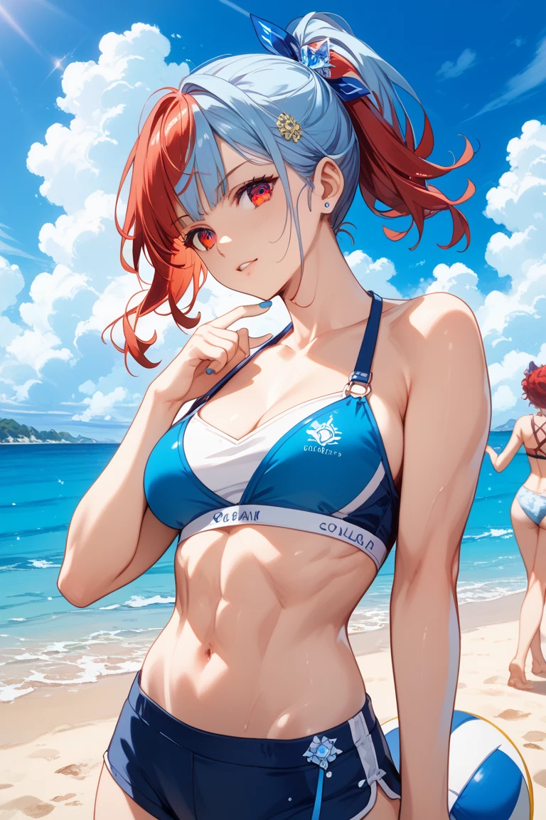 ,twin, masterpiece,best quality,official art,Extremely detailed CG unified 8k wallpaper, 2 girls, cute female , Yuri, hair accessories,  , crop top,  swimsuit