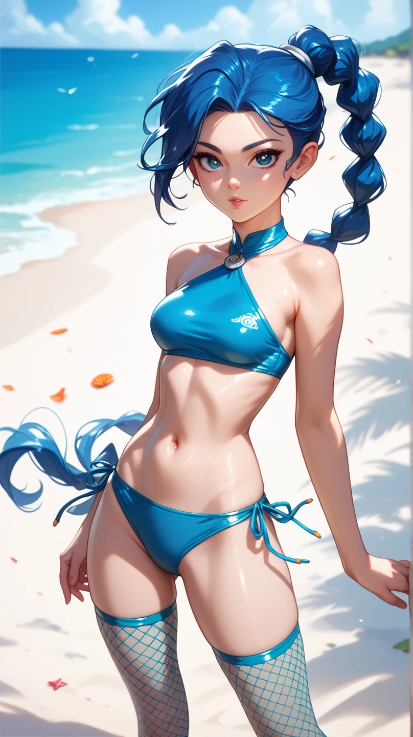 (Best Quality, hight resolution:1.2, Ultra-detailed),Girl with short cut gray hair、She is 20 years old、brown skinned、Wearing a white bikini、slender muscular body、bare-legged、Colorful bracelets、Colorful anklets、Smile cheerfully