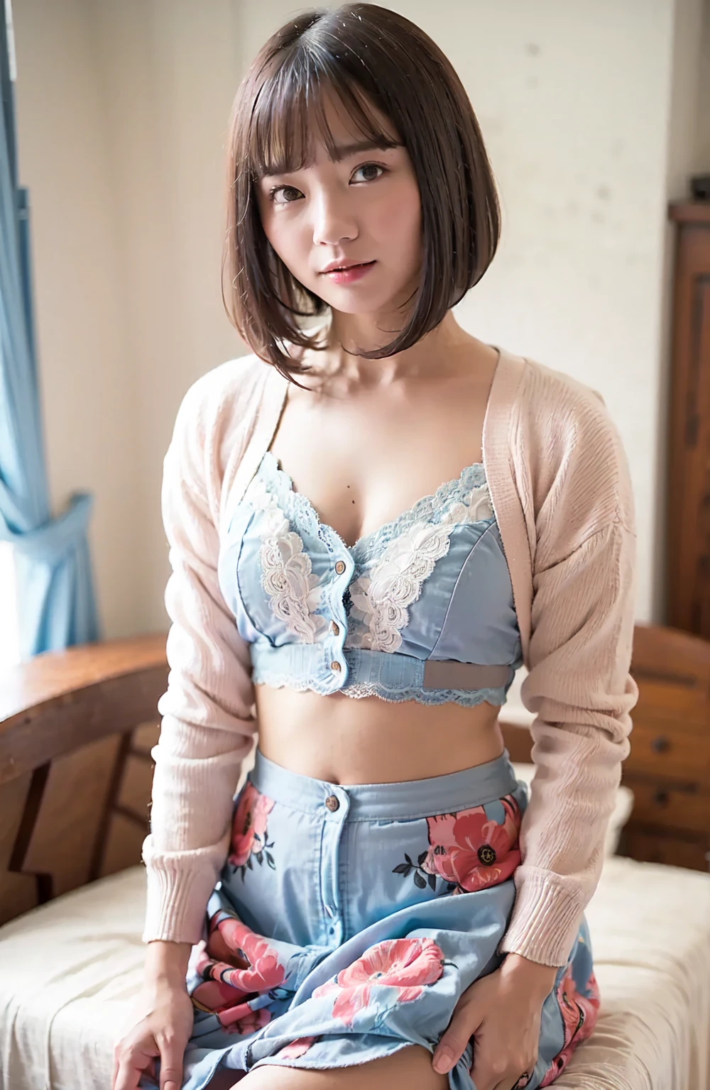 One girl, Sitting, (Hug your knees:1.2), View your viewers, Tilt your head, Lower Body, concentrated, Break Girl, camisole,(Side bust:1.2),White Skirt, Lift skirt,(Blue and white striped panties 1.3), Grin, blush, Bare shin rest background , sofa,(Showing panties:1.3)