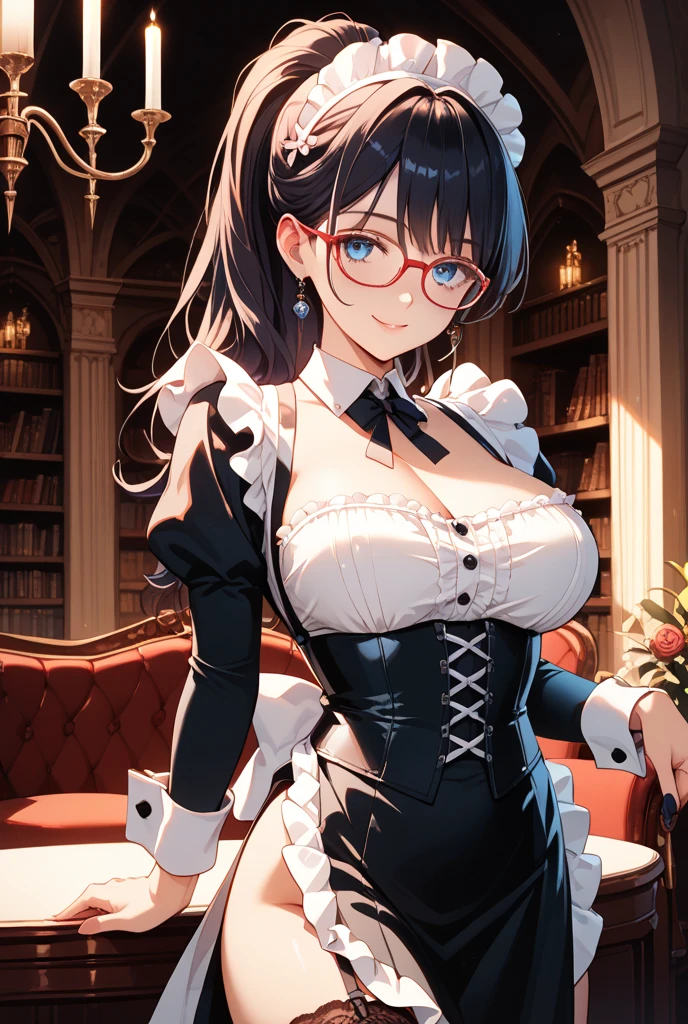 highres, sharp focus, pixiv masterpiece, ((intricate details)), highly detailed, upper body, , yuri alpha, 1girl, black hair, (blue bowtie:1.3), (green wristband, green gauntlets, spikes:1.1), glasses, maid, single hair bun, dress, choker, maid apron, outdoors, grey eyes, big breasts, room, bed, cleavage,
