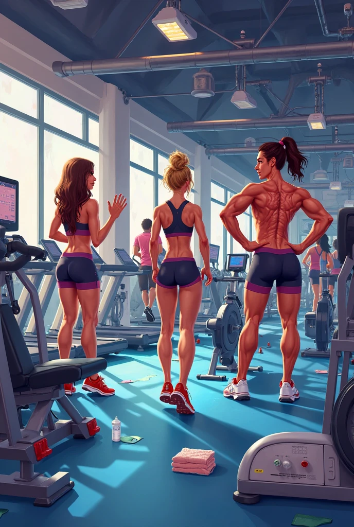 Make a picture of a strong guy named Leo, at the gym with a woman with a big ass, and a Japanese guy on the side