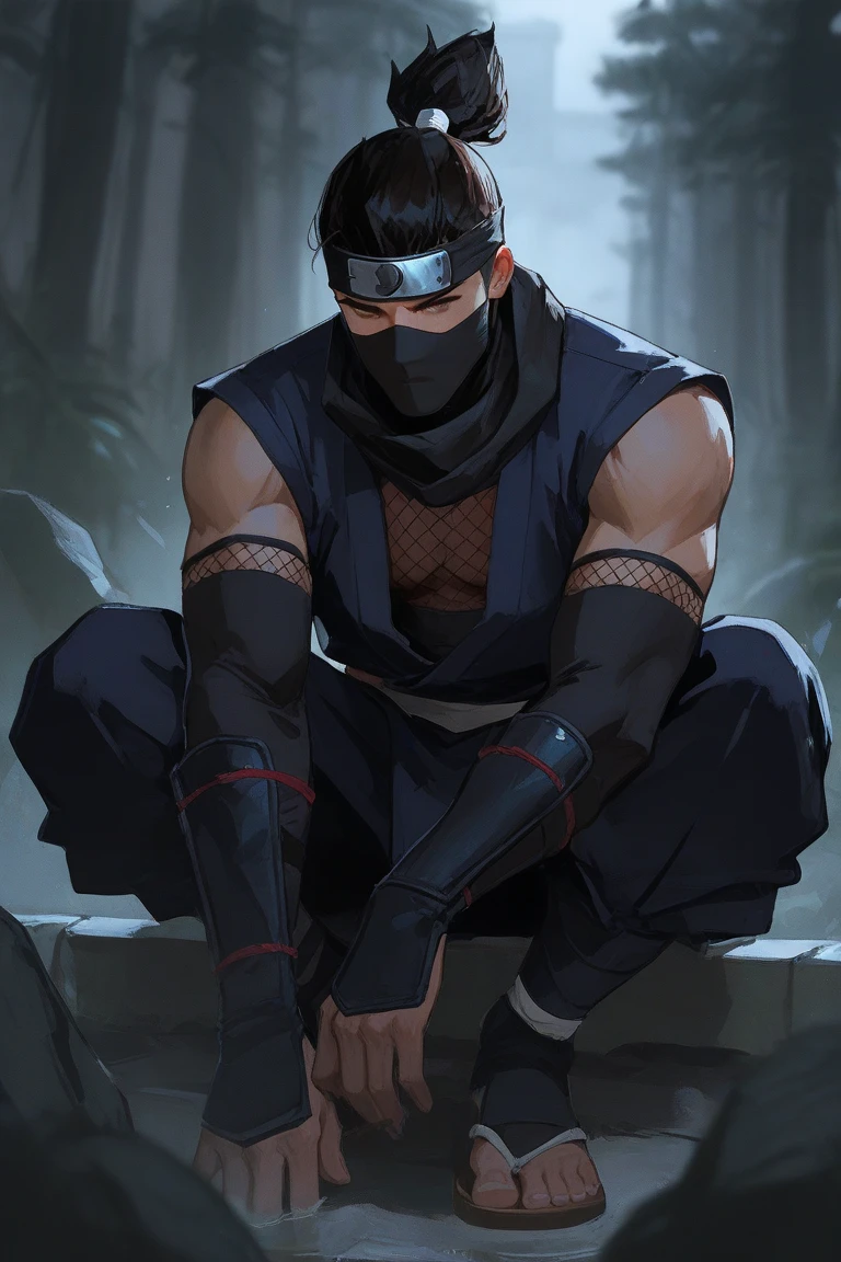 kakashi, 1boy, male focus, solo, red eyes, ninja, muscular, glowing, glowing eyes, belt, blood, sleeveless, pectorals, looking at viewer, bare shoulders, covered mouth, scar, muscular male, signature, shirt