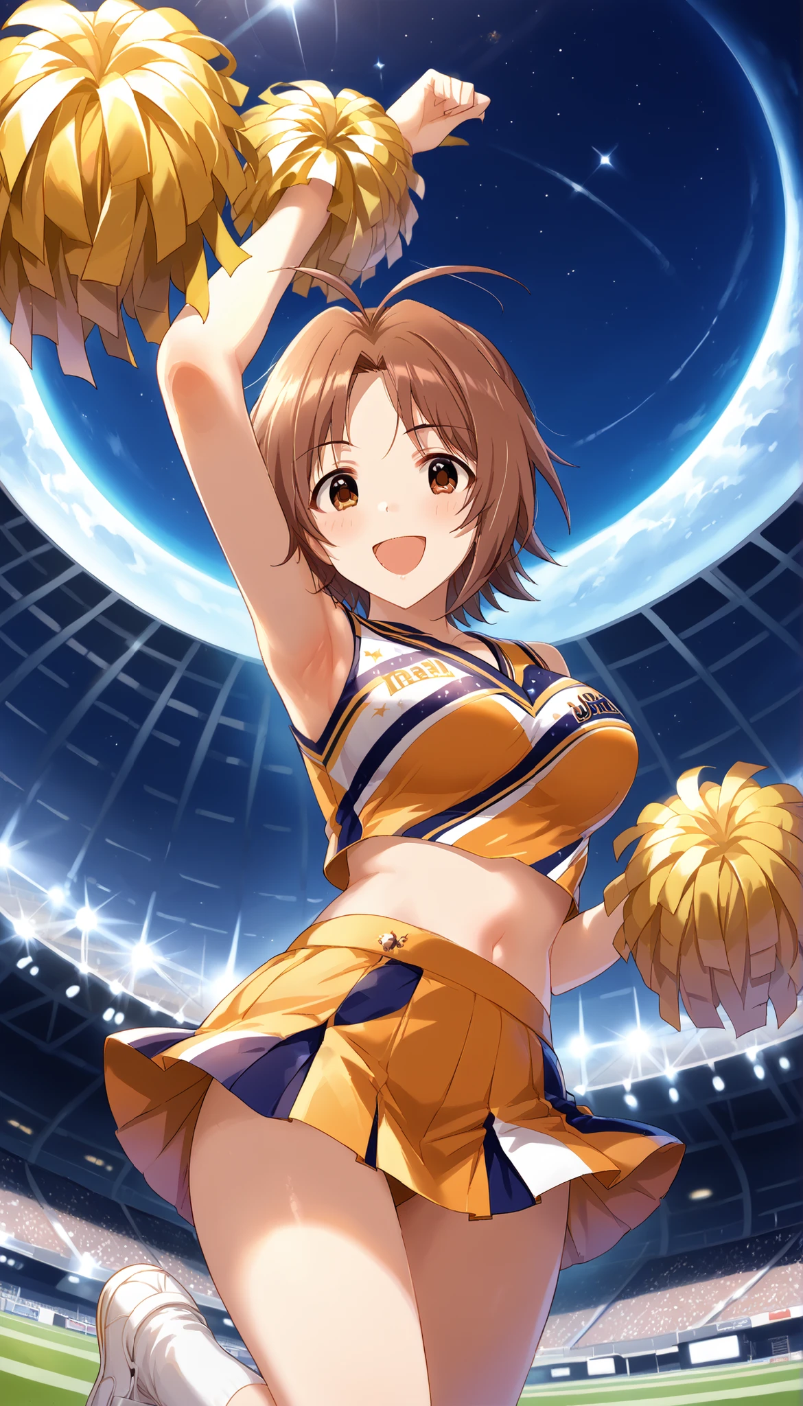 very cute and beautiful cheerleader girl,(highly detailed beautiful face),(holding pom poms:1.1),(laugh),
(stadium stands),cowboy shot,dynamic pose,(white panties),(sleeveless orange shirt),beautiful legs,looking at viewer,black hair,
(best quality,masterpiece:1.0),absurdres,highres,ultra-detailed,extremely detailed,32k,8k resolution,
intricate details,cinematic scene,detailed background,solo,dynamic angle,
hair fluttering in the wind,beautiful detailed sky,