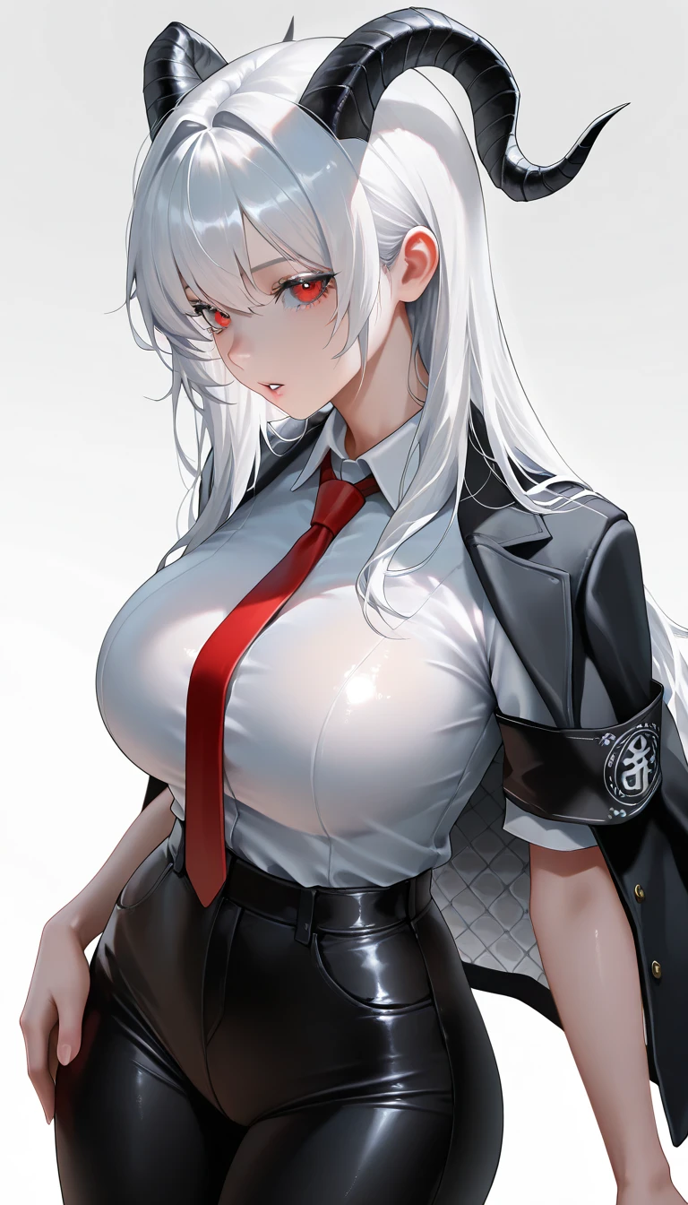 ((masterpiece, best_quality)), (photorealistic:1.4), solo, 1 girl, white_background, white_hair, long_hair, zettai_ryouiki,(black big ribbon accessories at the back of head), (sleeves rolled), toggle button pin buckle, mini pleated skirt with a slit in the front), outline nipple can be seen through the clothes, areola bulge, heels boots, belly, crotch gap, cameltoe ,shiny skin, sweaty skin, nose blush, belt underboob, under boobs, long legs, small thigh, plump , peach 🍑, nsfw, no bra, no panties