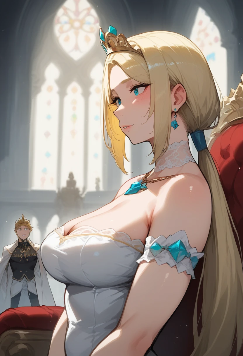 Cristalina, 20 years old, long blonde hair, light lilac eyes, huge breasts, open white dress, standing in the palace garden in the dark with the prince alone, looking into his eyes with a happy smile..hentai
