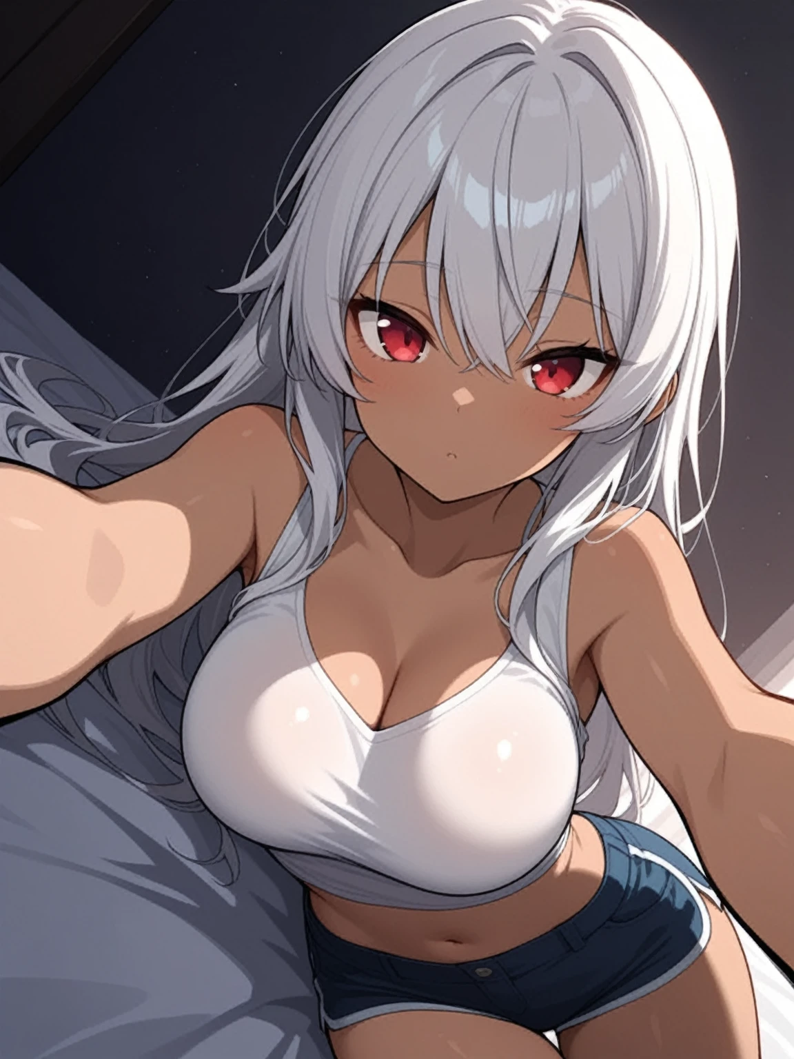 (Japanese anime, slender, glossy, light and shadow, shadow, tsundere style), best image quality, silver hairstyle, red eyes, white shirt, monochrome background, panties, lingerie, sexy.