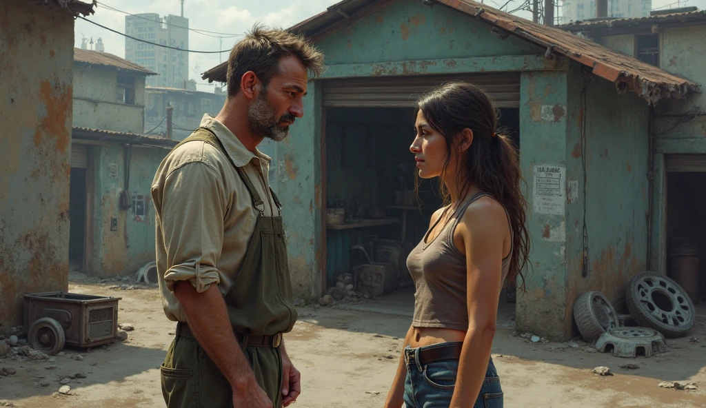 A stunning live-action, 32K, UHD, and vibrant portrait photograph of a woman and a rugged man in a post-apocalyptic cityscape. The woman, with clean and serene features, is leaning gracefully while the man, exuding confidence, stands watchfully. They are dressed in specialized military attire, adorned with equipment, giving off a Resident Evil vibe. The crumbling streets surround them, with buildings in disrepair, creating an immersive and detailed atmosphere. The photorealistic image captures the essence of a gritty, survival-based world., photo, portrait photography, vibrant