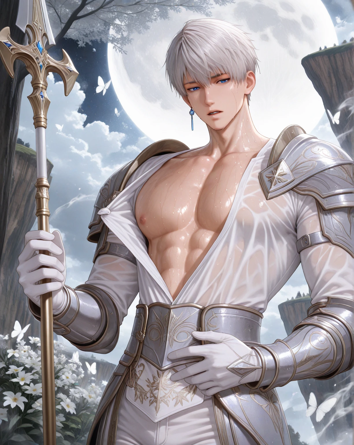 Best Quality, 1Male, Lavender hair, black eyes, sixpack body, red suit, javanese warrior knight, prambanan temple background,  Masterpiece Body, Accurate, High definition