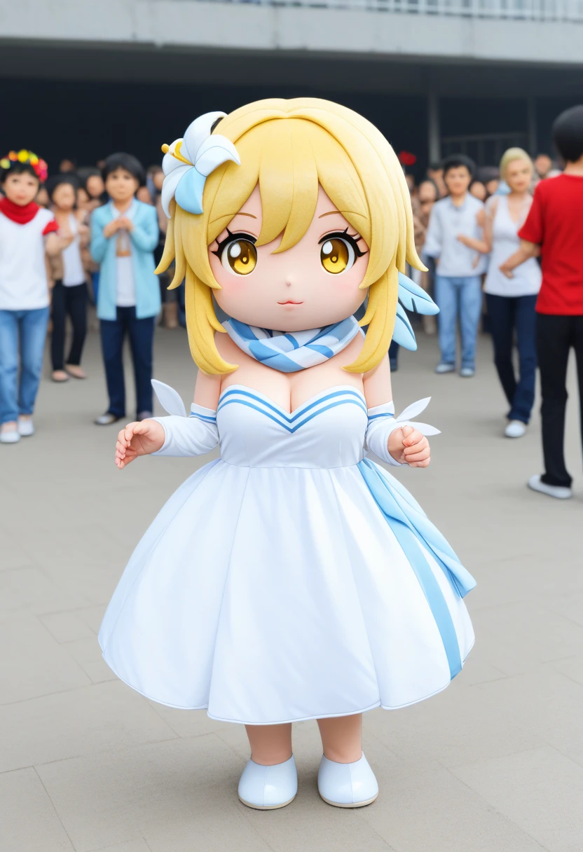 rating_safe, mascot characters, plush, ((chibi)), full body, outside, ((((1girl 1boy crowd)))), lumine, lumineとリアルでカジュアルな服装の男性との自撮り, 浮かれたポーズをする, bangs, blonde hair, hair ornament, hair between eyes, yellow eyes, flower, hair flower, feather hair ornament, dress, bare shoulders, detached sleeves, scarf, white dress, white footwear, cleavage, detached collar, ,