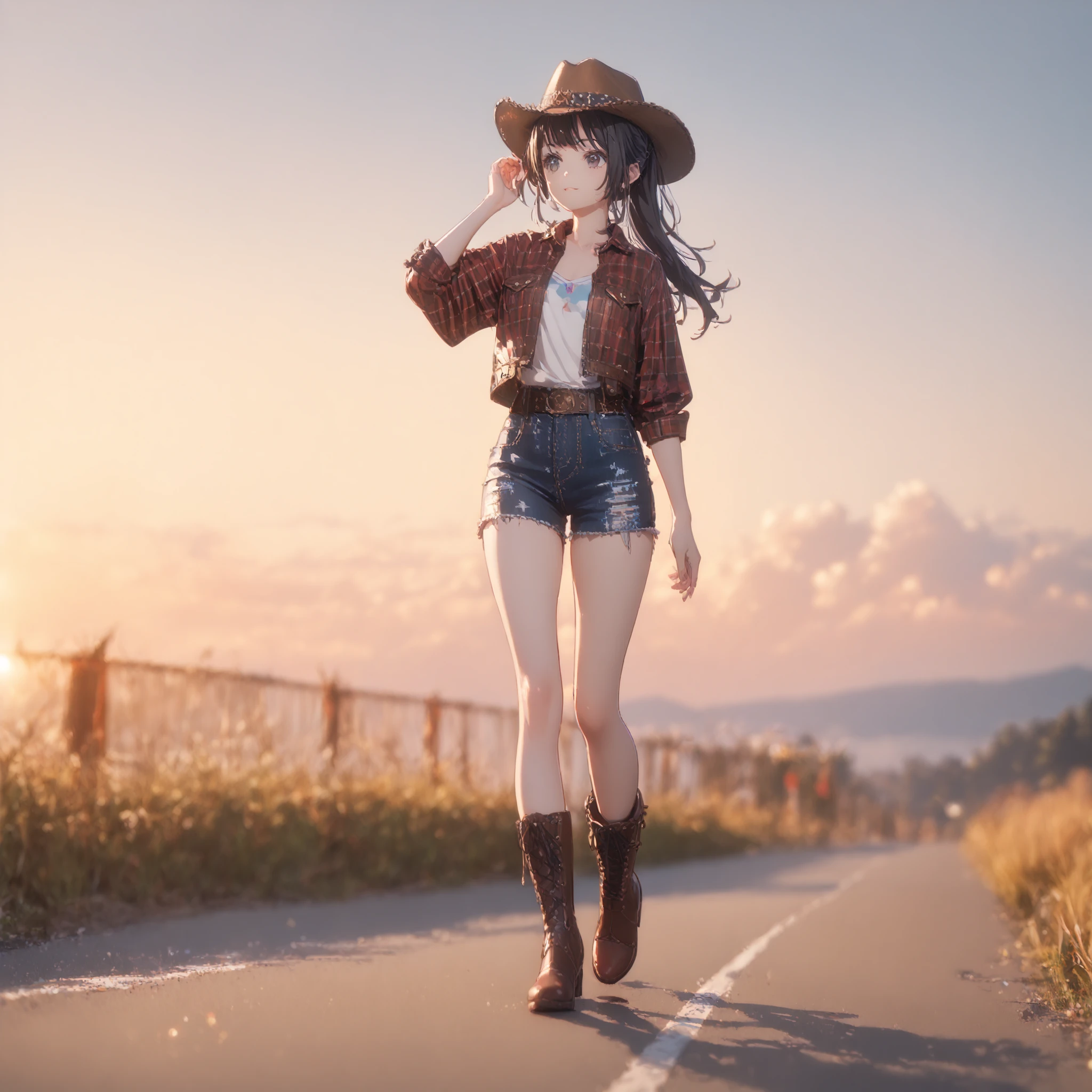 America's wild western wilderness in the bright red summer , Adult Female dark eyes black hair Walking Along the Road , Full Body Portrait small breasts、Women Are Western Cowboy Costumes , Cowboy hat,Leather Boots, ponytail ,sketchanime,PonyScores,score_9, score_8_up, score_7_up, Trending on pixiv, (Anime style:0.8), masterpiece, Highest Quality, amazing quality,soft light, Ultra High Definition, (PHOTO REALISTIC:1.0), RAW photos , very aesthetic, side angle, detailxl,